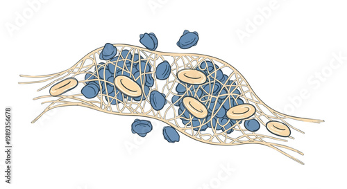Illustration of a blood clot with trapped red blood cells and fibrin mesh.