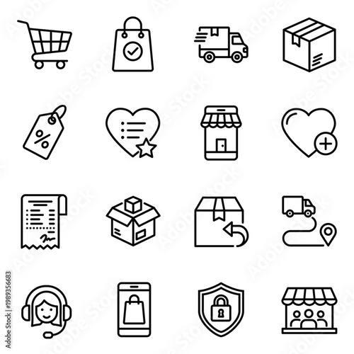 Shopping icons vector set featuring e-commerce symbols like delivery truck package box store receipt cart and customer service support.