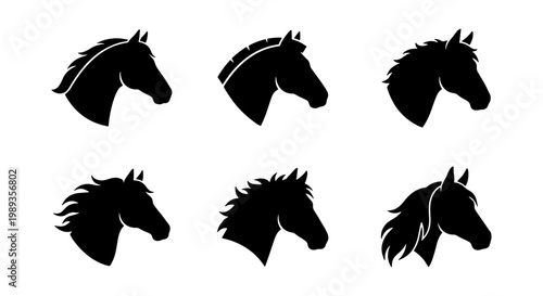 Black horse head silhouette set, 6 equestrian profile icons in vector format, minimalist stallion and mare head portraits for logo design
