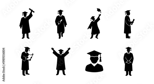 Graduation silhouette icons set, students wearing academic caps and gowns, 8 vector elements of graduates with diplomas and mortarboards