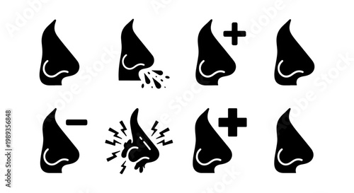 Medical nose icon set, human nasal anatomy symbols for rhinitis and allergy, black silhouette icons of sneezing and sinus pain, vector illustration