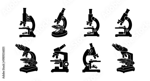 Scientific microscope silhouette icons set, laboratory equipment vector collection, 8 black microscope symbols for research and medical education