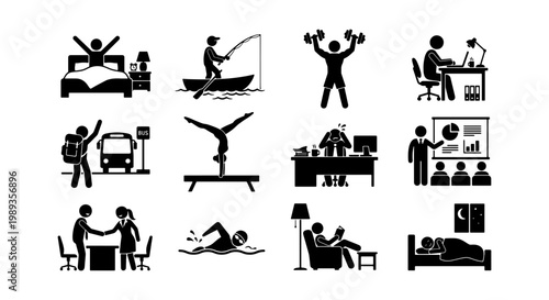 Daily routine stick figure icons, set of 12 black human pictograms, life cycle and activity symbols for schedule planning and lifestyle infographics