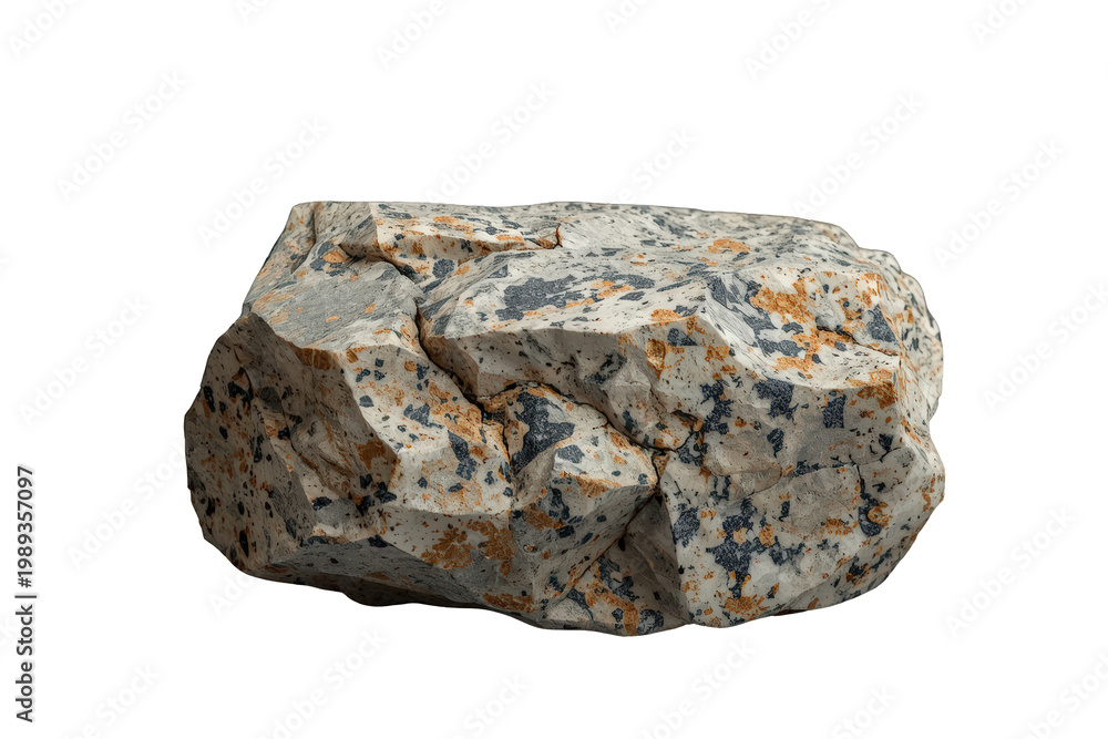 Obraz premium Granite rock boulder with textured surface and mineral patterns, isolated on transparent background, geological specimen