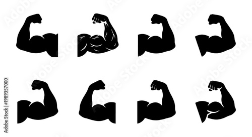 Strong bicep muscle silhouettes set of 8 icons, black flexed arm vector graphics, bodybuilding and fitness power symbols for gym branding