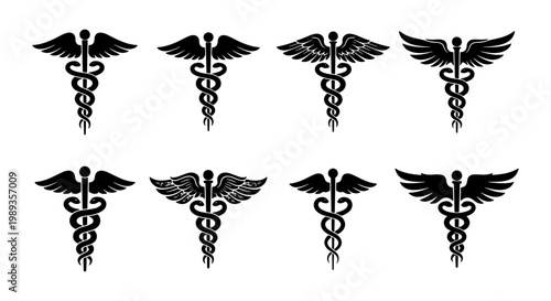 Caduceus medical symbol set, 8 black vector icons of Hermes staff with wings and snakes, healthcare and pharmacy emblems for professional branding