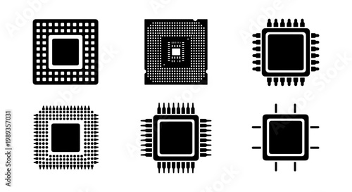 Computer processor icons set, black microchip vector collection, CPU and semiconductor hardware symbols, 6 electronic component graphic elements