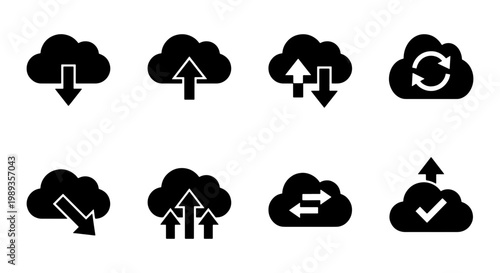 Cloud computing icon set with 8 black vector symbols, data upload and download arrows, server synchronization and backup signs for web design