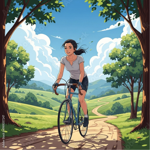 Woman Riding Bicycle on Dirt Path.
