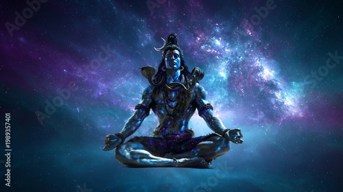 Hindu god Lord Shiva meditating in a starry galaxy