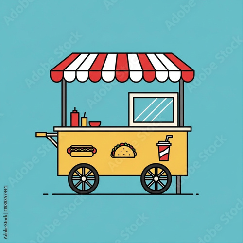 Yellow Food Cart with Red White Canopy.
