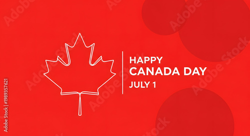 White outline maple leaf with happy Canada day text on red background july