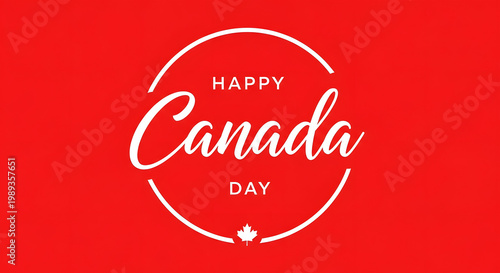White text Happy Canada Day with maple leaf on red background celebration holiday