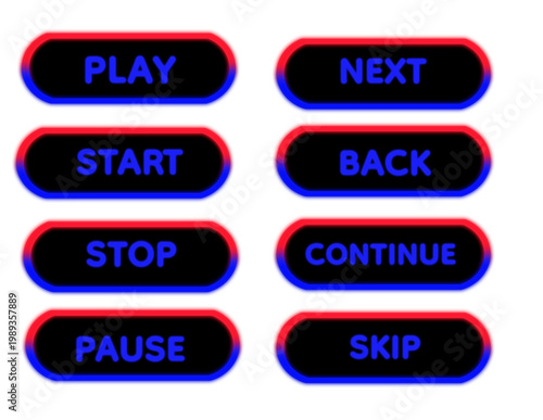 Vibrant Red and Blue Neon Glow 3D Media Control UI Button Set with Black Background, Bold Glossy Rounded Interface Elements for Play Next Start Back Stop Continue Pause Skip Controls