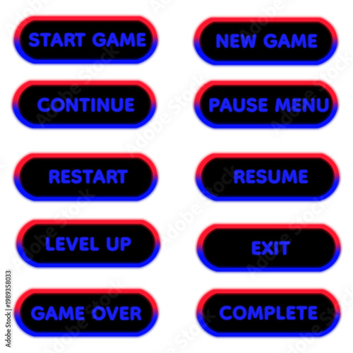 Vibrant Red and Blue Neon Glow 3D Game UI Button Set with Black Background, Bold Glossy Rounded Interface Elements for Start Game New Game Continue Pause Resume Restart Level Up Exit Complete Controls