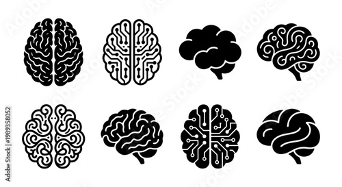 Human brain icon set with 8 vector elements, artificial intelligence and digital circuit mind symbols, black silhouette anatomy and neurology graphics