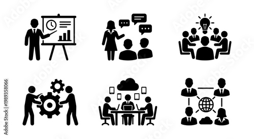 Business meeting icons set, professional corporate teamwork symbols, office collaboration and management vector graphics, 6 black silhouette pictograms