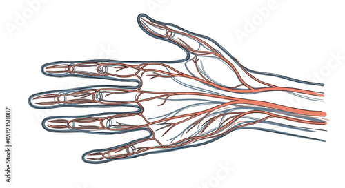 Anatomical illustration showing the human hand vascular system and blood vessel network.