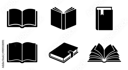 Minimalist book icon set with 6 black vector symbols, open and closed textbook illustrations, educational literature and library reading graphics