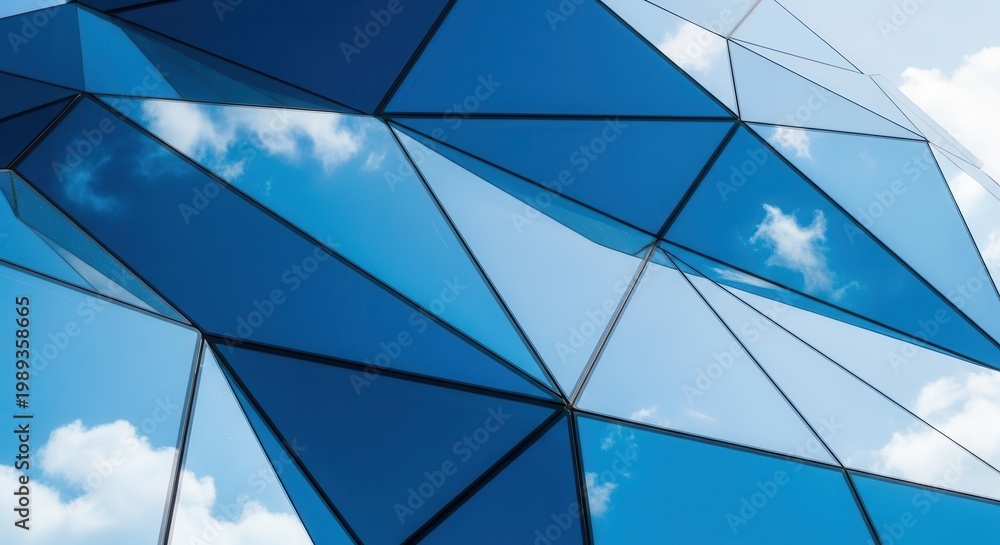 Fototapeta premium Geometric glass facade reflecting blue sky and clouds