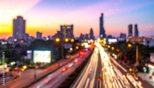Abstract Bokeh Cityscape With Vibrant Sunset And Busy Highway Traffic Light Trails In Urban Skyline