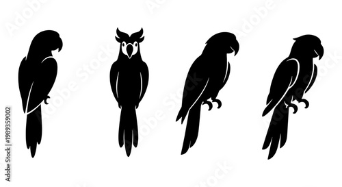 Minimalist parrot silhouette vector set, black tropical bird icons in various poses, exotic macaw bird collection for logo design and branding