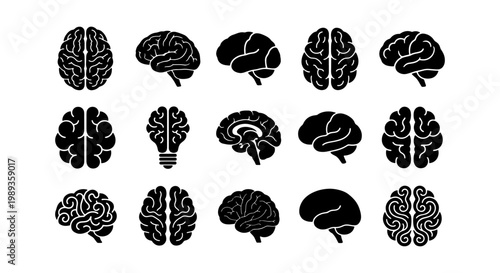 Human brain icon set, 15 black silhouette anatomy symbols, neurology and psychology vector elements, medical mind and intelligence graphics