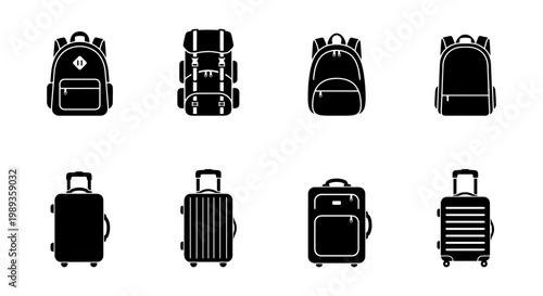 Travel luggage and backpack icon set, 8 black solid vector silhouettes of suitcases and rucksacks, hiking gear and vacation baggage collection