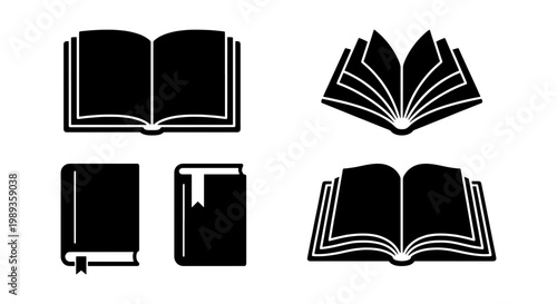 Minimalist book icon set with 4 vector elements, black open book silhouettes for education and reading, simple library and literature symbols