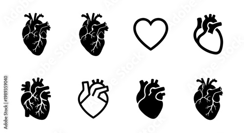 Anatomical human heart icon set, 8 black vector heart symbols for cardiology and medicine, realistic and stylized organ illustrations for healthcare