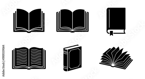 Minimalist book icon set with 6 black vector silhouettes, open and closed textbook symbols, library and education graphic elements for web design