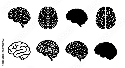 Human brain icons set, 8 black and white vector illustrations of anatomy, medical neurology symbols for mental health and science research