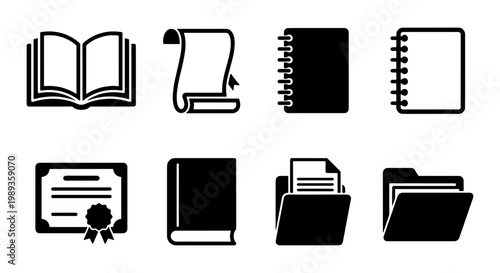 Minimalist book and document icon set, black office stationery vector symbols, 8 education and business file icons for web design and apps