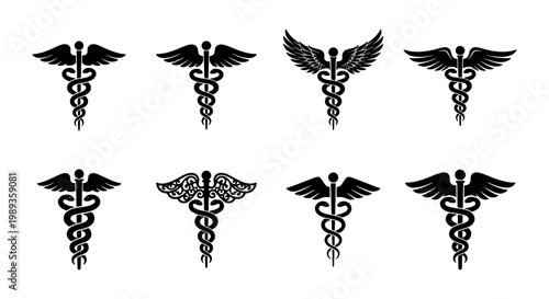 Medical caduceus symbol collection, 8 black vector icons with snakes and wings, healthcare and pharmacy emblems, professional medicine logos