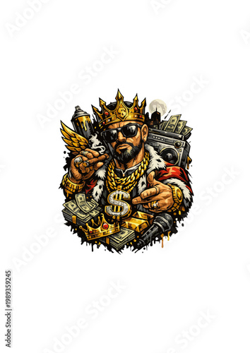 Wealthy king mascot with crown and money, successful hip hop character holding cash, urban streetwear vector illustration