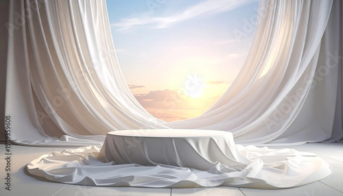 Round podium white fabric sunlight curtain elegant soft morning interior peaceful scene