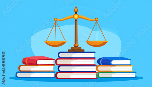 Scales book law justice education balance knowledge legal blue background