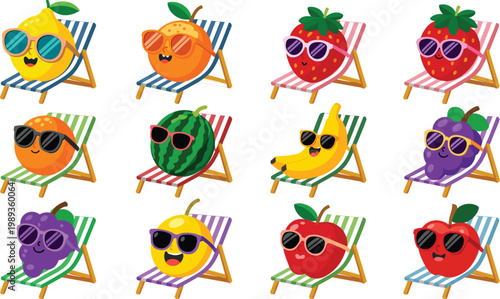 
Cute Cartoon Fruit Characters Wearing Sunglasses on Beach Chairs with Lemon, Strawberry, Watermelon, Banana, Grape, and Apple Summer Designs