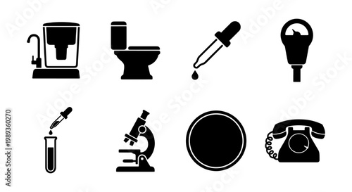 Black silhouette icons set of 8 vector elements, laboratory equipment and household objects, microscope and pipette symbols for scientific research