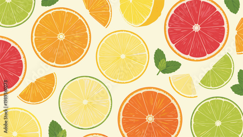 Colorful Citrus Fruit Seamless Pattern with Orange, Lemon, Lime, Grapefruit Slices, and Mint Leaves for Summer Food and Beverage Designs