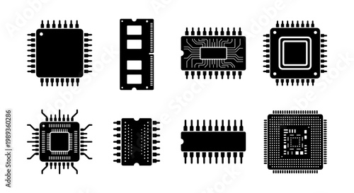 Computer processor and microchip vector icons set, black silhouette electronic components, 8 hardware circuit board elements for technology design