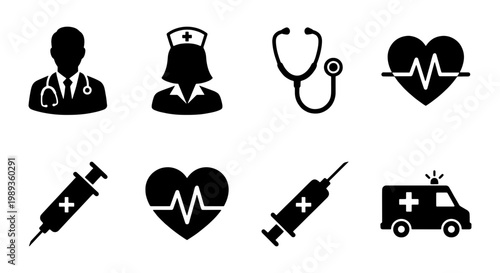 Medical icon set with 8 black silhouettes, healthcare symbols including doctor and nurse avatars, stethoscope and syringe vector graphics for hospital apps