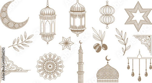 Islamic Ramadan Icon Set with Mosque, Lantern, Crescent Moon, Mandala, and Arabic Ornamental Symbols for Eid and Cultural Designs