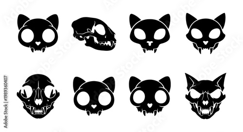 Gothic cat skull vector icons, set of 8 black feline skeleton head silhouettes, macabre animal bone illustrations for Halloween and tattoo design