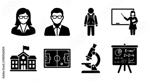 Education and school icon set, 8 black vector glyph symbols, academic learning and teaching elements, university and classroom icons for web design