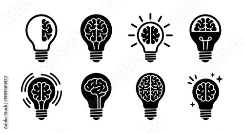 Creative brain light bulb icons set, human mind and lightbulb symbols for innovation and intelligence, 8 black vector graphics for business ideas