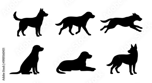Black dog silhouettes set of 6 vector icons, canine pet animal shapes in standing sitting and running poses, minimalist domestic dog breed profiles