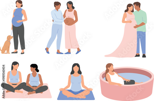 Pregnant women lifestyle illustration set featuring prenatal yoga, supportive partners, pet companionship, relaxation, and maternity wellness scenes in modern flat style