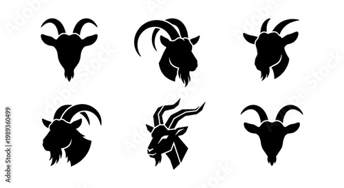 Goat head silhouette icons, set of 6 black ram and ibex vector symbols, minimalist farm animal mascot logos for branding and agriculture design