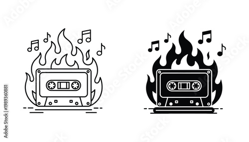 Cassette Tape Burning With Music Notes Retro Audio Icon